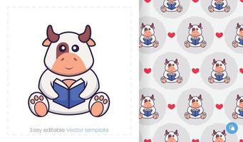 Seamless pattern with cartoon cow on white background. Can be used on packaging paper, cloth and others. vector