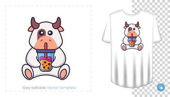 Cute cow character. Prints on T-shirts, sweatshirts, cases for mobile phones, souvenirs. Isolated vector illustration on white background.