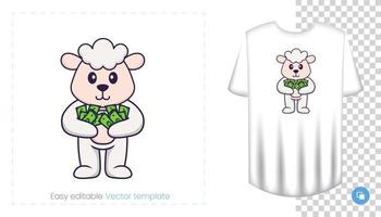 Cute sheep character. Prints on T-shirts, sweatshirts, cases for mobile phones, souvenirs. Isolated vector illustration on white background.