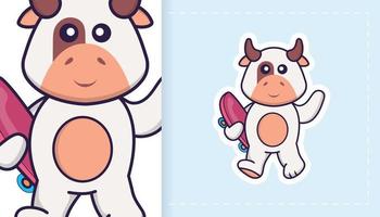 lindo personaje de mascota de vaca. se puede utilizar para pegatinas, parches, textiles, papel. ilustración vectorial