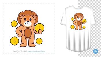 Cute lion character. Prints on T-shirts, sweatshirts, cases for mobile phones, souvenirs. Isolated vector illustration on white background.