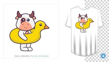 Cute cow character. Prints on T-shirts, sweatshirts, cases for mobile phones, souvenirs. Isolated vector illustration on white background.