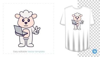 Cute sheep character. Prints on T-shirts, sweatshirts, cases for mobile phones, souvenirs. Isolated vector illustration on white background.