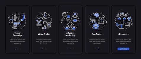 Startup advertising campaign tips onboarding mobile app page screen. Business walkthrough 5 steps graphic instructions with concepts. UI, UX, GUI vector template with linear night mode illustrations