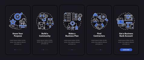 Startup project growth tips onboarding mobile app page screen. Entrepreneurship walkthrough 5 steps graphic instructions with concepts. UI, UX, GUI vector template with linear night mode illustrations
