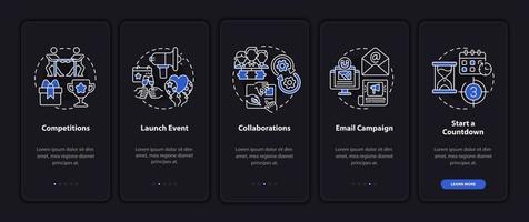 Engaging attention to business tips onboarding mobile app page screen. Startup walkthrough 5 steps graphic instructions with concepts. UI, UX, GUI vector template with linear night mode illustrations