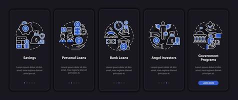 emprendedores consejos de apoyo financiero pantalla de la página de la aplicación móvil de incorporación. tutorial de inicio 5 pasos instrucciones gráficas con conceptos. ui, ux, plantilla de vector de interfaz gráfica de usuario con ilustraciones lineales en modo nocturno