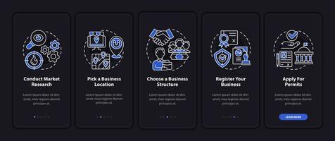 Small business improvement tips onboarding mobile app page screen. Startup walkthrough 5 steps graphic instructions with concepts. UI, UX, GUI vector template with linear night mode illustrations