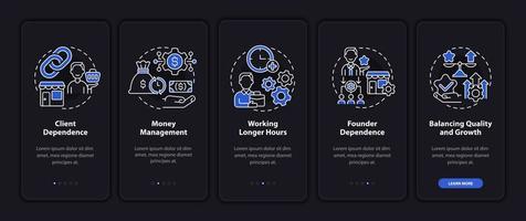 Startup company structure tips onboarding mobile app page screen. Project walkthrough 5 steps graphic instructions with concepts. UI, UX, GUI vector template with linear night mode illustrations