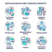 digitalización de conjunto de iconos de concepto de servicios públicos. modernización digital que prevé diferentes esferas de la vida idea ilustraciones en color de líneas finas. dibujos de contorno aislados vectoriales vector