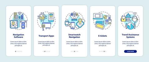 Digitalization of public transportation onboarding mobile app page screen. Service walkthrough 5 steps graphic instructions with concepts. UI, UX, GUI vector template with linear color illustrations