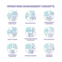 conjunto de iconos de concepto de degradado azul de gestión de operaciones. plazo de entrega, puntualidad. precio y calidad. idea de control de eficiencia de producción ilustraciones en color de línea fina. dibujos de contorno aislados vectoriales vector