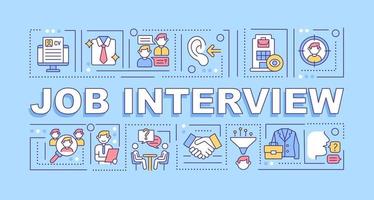 Job interview word concepts banner. Writing cv and preparing. Infographics with linear icons on blue background. Isolated creative typography. Vector outline color illustration with text