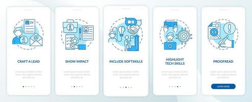 Writing cv blue onboarding mobile app page screen. Job hunting walkthrough 5 steps graphic instructions with concepts. Curriculum vitae. UI, UX, GUI vector template with linear color illustrations