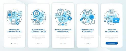 Attracting top clients blue onboarding mobile app page screen. Employees hunting walkthrough 5 steps graphic instructions with concepts. UI, UX, GUI vector template with linear color illustrations