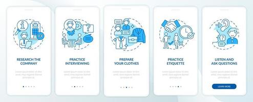 Preparing for job interview blue onboarding mobile app page screen. Practice walkthrough 5 steps graphic instructions with concepts. UI, UX, GUI vector template with linear color illustrations