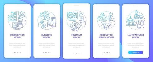 Types of business models gradient onboarding mobile app page screen. Commerce walkthrough 5 steps graphic instructions with concepts. UI, UX, GUI vector template with linear color illustrations