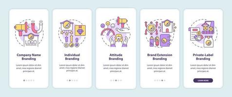 Types of branding strategies onboarding mobile app page screen. Business walkthrough 5 steps graphic instructions with concepts. UI, UX, GUI vector template with linear color illustrations