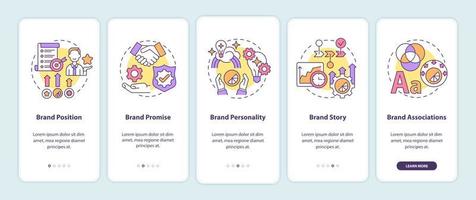 Key brand elements onboarding mobile app page screen. Business value walkthrough 5 steps graphic instructions with concepts. UI, UX, GUI vector template with linear color illustrations