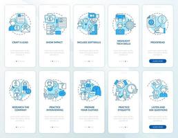 Job hunting blue onboarding mobile app page screen set. Cv and interview walkthrough 5 steps graphic instructions with concepts. UI, UX, GUI vector template with linear color illustrations