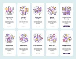 conjunto de pantallas de la página de la aplicación móvil de incorporación de planificación de marca. Tutorial de estrategia empresarial Instrucciones gráficas de 5 pasos con conceptos. ui, ux, plantilla de vector de interfaz gráfica de usuario con ilustraciones en color lineal