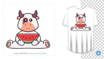 Cute cow character. Prints on T-shirts, sweatshirts, cases for mobile phones, souvenirs. Isolated vector illustration on white background.