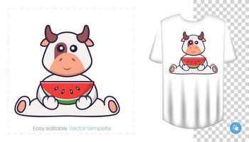 lindo personaje de vaca. estampados en camisetas, sudaderas, fundas para móviles, souvenirs. Ilustración de vector aislado sobre fondo blanco.