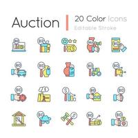 Auction RGB color icons set. Competitive bargaining. Bidding for item. Public sales. Selling property, antique. Isolated vector illustrations. Simple filled line drawings collection. Editable stroke