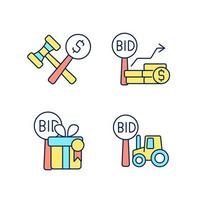 Agriculture auction components RGB color icons set. Bidding increments. Auction winner. Farm equipment selling. Isolated vector illustrations. Simple filled line drawings collection. Editable stroke