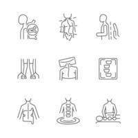 Scoliosis diagnosis and treatment linear icons set. Spinal problems. Spine correction exercises. Customizable thin line contour symbols. Isolated vector outline illustrations. Editable stroke