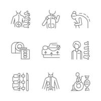 Scoliosis causes linear icons set. Spine disease. Spinal column surgical operation. Vertebral medicine. Customizable thin line contour symbols. Isolated vector outline illustrations. Editable stroke