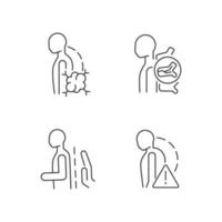 Spinal problems linear icons set. Backbone diseases and traumas. Severe disability. Pathologic scoliosis. Customizable thin line contour symbols. Isolated vector outline illustrations. Editable stroke