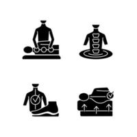 Spine problems prevention black glyph icons set on white space. Manual therapy and exercises. Orthotics foot pads. Orthopedic spine mattress. Silhouette symbols. Vector isolated illustration