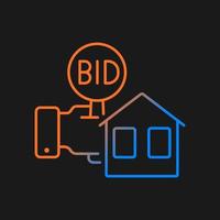 Real estate auction gradient vector icon for dark theme. Competitive bidding for property. Selling buildings and land. Thin line color symbol. Modern style pictogram. Vector isolated outline drawing