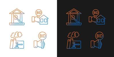 Bargaining for property gradient icons set for dark and light mode. Auction house. Bidding. Thin line contour symbols bundle. Isolated vector outline illustrations collection on black and white