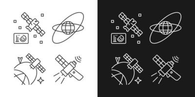 Satellites in space linear icons set for dark and light mode. Science spacecraft location, positioning in space. Customizable thin line symbols. Isolated vector outline illustrations. Editable stroke