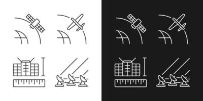 Satellite technologies linear icons set for dark and light mode. Geostationary, drone, nano, ground satelites. Customizable thin line symbols. Isolated vector outline illustrations. Editable stroke