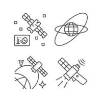 Satellites in space linear icons set. Science spacecraft location, positioning in space. Customizable thin line contour symbols. Isolated vector outline illustrations. Editable stroke