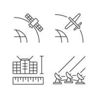 Satellite technologies linear icons set. Geostationary, drone, nano, ground satelites. Customizable thin line contour symbols. Isolated vector outline illustrations. Editable stroke