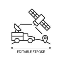 Military use of satellites linear icon. Signal receiving dish satelite. Military communication. Thin line customizable illustration. Contour symbol. Vector isolated outline drawing. Editable stroke