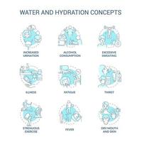 Conjunto de iconos de concepto azul de agua e hidratación. síntomas de deshidratación. consumo de líquido adicional. equilibrio hídrico idea ilustraciones en color de línea fina. dibujos de contorno aislados vectoriales. trazo editable vector