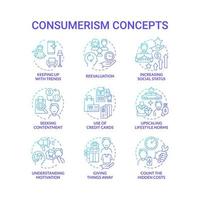 Consumerism blue gradient concept icons set. Mindless purchasing. Reasons to buy more. Spend money. Excessive buying idea thin line color illustrations. Vector isolated outline drawings