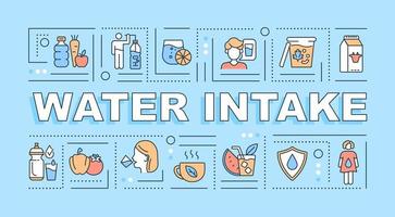 banner de conceptos de palabra de ingesta de agua. nivel de líquido corporal. hidratación diaria. infografías con iconos lineales sobre fondo azul. tipografía creativa aislada. ilustración de color de contorno vectorial con texto vector