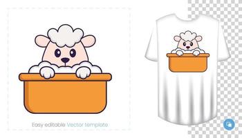 Cute sheep character. Prints on T-shirts, sweatshirts, cases for mobile phones, souvenirs. Isolated vector illustration on white background.