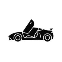 Car with butterfly doors black glyph icon. High-performance sports vehicle. Supercar modifications. Door design. Moving upward, outward. Silhouette symbol on white space. Vector isolated illustration
