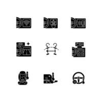 Sports car accessories black glyph icons set on white space. Built-in functions in auto. Innovative vehicle tech features. Convenient control. Silhouette symbols. Vector isolated illustration