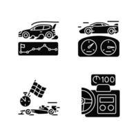 Automobiles racing for competition black glyph icons set on white space. Rallying event. Test car limits. Professional motorsport. Head up display. Silhouette symbols. Vector isolated illustration