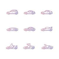 Sports car models gradient linear vector icons set. Non-standard door designs. High-speed driving experience. Thin line contour symbols bundle. Isolated outline illustrations collection