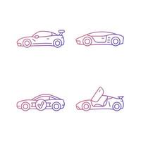 Race car models gradient linear vector icons set. Customized vehicle. High-rated professional auto. Unique door design. Thin line contour symbols bundle. Isolated outline illustrations collection