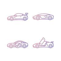 Race car models gradient linear vector icons set. Customized vehicle. High-rated professional auto. Unique door design. Thin line contour symbols bundle. Isolated outline illustrations collection